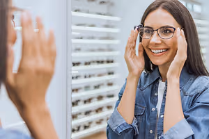 A smiling woman wearing glasses is looking at herself in a mirror while holding her glasses up to her face.