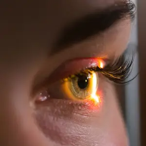 A close up of a person's eye with a yellow light reflecting off of it.