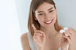 A woman is holding a white contact lens container in her left hand and pointing her right finger at her eye