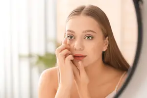 A woman is applying contact lenses in front of a mirror while holding her hand to her eye.
