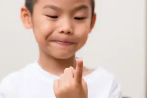 A boy wearing a white shirt is holding a contact lens and smiling at the camera.