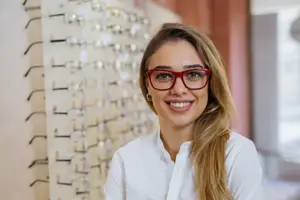 Portrait of smiling woman in glasses standing in front of eyewear shop