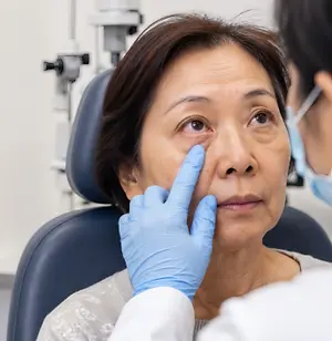 An older woman with brown hair wearing a mask and blue gloves is having her eye examined by a medical professional in a white coat.