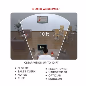 Illustration of Shamir Workspace with a person sitting at a computer monitor and the text 'Clear Vision up to 10 ft' and a list of job titles.