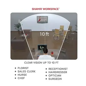 Illustration of Shamir Workspace with a person sitting at a computer monitor and the text 'Clear Vision up to 10 ft' and a list of job titles.