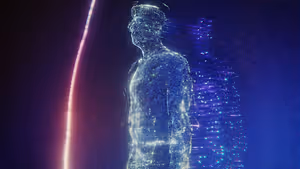 A digital art of a man standing in front of a blue background with lights