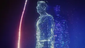 A digital art of a man standing in front of a blue background with lights