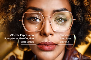 A close-up of a woman wearing glasses with the text 'Glacier Expression', 'Powerful anti-reflective properties', 'Standard', and 'Premium coating' visible on the lenses.