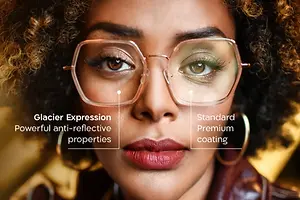 A close-up of a woman wearing glasses with the text 'Glacier Expression', 'Powerful anti-reflective properties', 'Standard', and 'Premium coating' visible on the lenses.