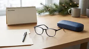 Eyeglasses and blue case on a desk beside a December calendar, notebook, pen, coffee mug, and festive greenery