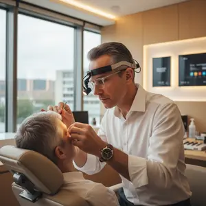 A man wearing a white shirt and a watch is checking a patient's eyes with a magnifying glass and a lamp on his forehead.