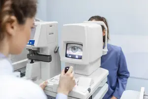 A woman at an eye doctor's office is looking into an eye scanner machine with a screen showing an eye
