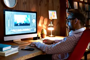 A man is working on his computer in a home office.