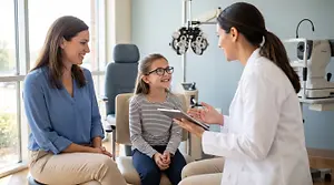 Optometrist discussing an eye exam with a mother and daughter in an examination room