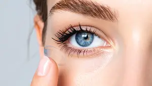 Woman wearing a clear contact lense and touching her eye.