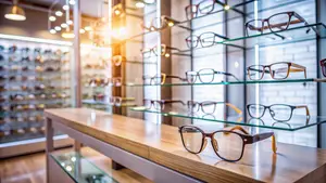 A display of eyeglasses on a table in a store with glass shelves, wooden floor, and a bright room with a white wall and brick wall design.