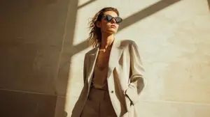 A woman wearing sunglasses and a blazer stands against a textured wall with light shining on her.