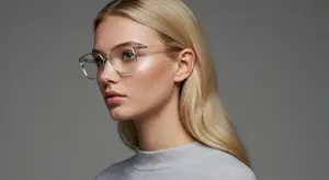 Woman wearing glasses with gray background