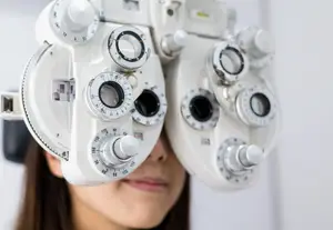 A woman wearing glasses is looking into an ophthalmoscope with a white background.