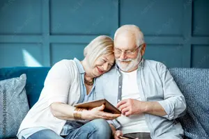 An elderly couple sitting on a couch, the man is holding a tablet and the woman is looking at him.