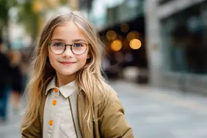 A young girl with blonde hair wearing glasses and a brown jacket is smiling on the street.