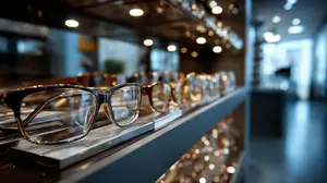 A display of eyeglasses on a shelf in a store with lights illuminating the scene.