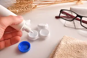 A person is pouring liquid into a container with a blue lid on a white table.