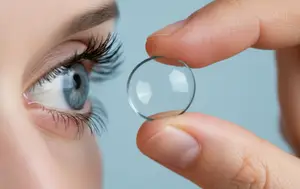 Close-up of a woman holding a clear contact lens with her finger and thumb, with her eye in the background, possibly demonstrating how to insert a contact lens.