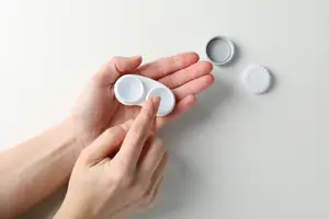 A person's hand holding a pair of contact lenses, a small white container with a lid, and a white container with a lid on a white surface
