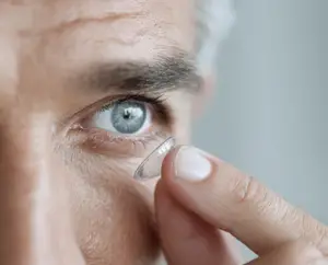 A man with a beard is holding a contact lens in his hand.
