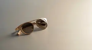 gold sunglasses with black lenses sitting on a gray background