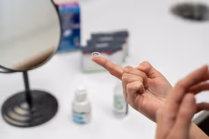 A person is touching a contact lens with their finger in front of a mirror.