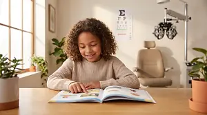 Child reading a colorful book in an optometry exam room