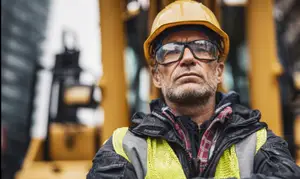 A man in a construction site with a serious face and arms crossed, wearing a yellow helmet, glasses, and a reflective vest jacket.