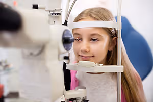 A girl with long blonde hair wearing a pink jacket and a white headband is sitting in a chair, looking into an eye machine, probably in an optometrist's office.