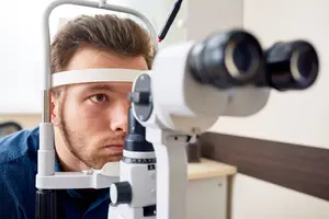 Man getting his eyes checked in an optometrist office