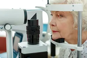 An elderly woman wearing a white shirt with a pattern of black triangles on it, is having her eye examined by an optometrist using a slit lamp, while looking into the camera with her right eye.