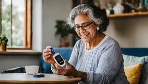 An elderly woman checks her blood sugar with a glucometer in her home.