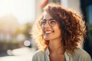 A smiling woman with curly hair wearing glasses on the street