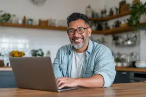 A man is sitting in front of a laptop and smiling