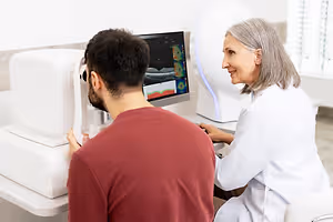 An older woman doctor with gray hair is sitting in front of a man in a red shirt, they are both looking at a computer monitor in an office room.