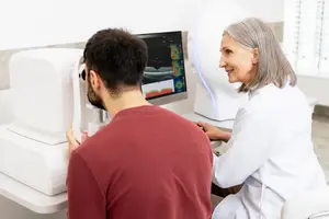 An older woman doctor with gray hair is sitting in front of a man in a red shirt, they are both looking at a computer monitor in an office room.