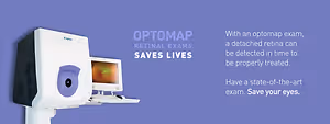 A poster with a picture of an optomap machine and text about retinal exams