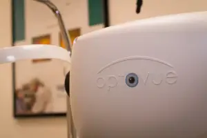 Close up of an optical device with the brand name OptiVue displayed