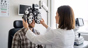 An optometrist adjusting a patient's eye exam machine
