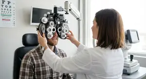 An optometrist adjusting a patient's eye exam machine