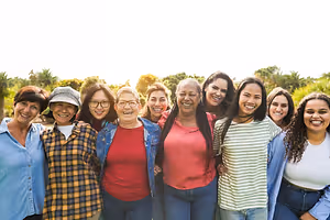 A group of smiling women standing together in a park