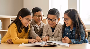 Four children looking at a book, two girls and two boys, they are smiling and wearing glasses.