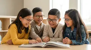 Four children looking at a book, two girls and two boys, they are smiling and wearing glasses.