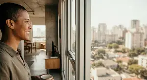 Woman holding a cup and looking out a window with the city in the background